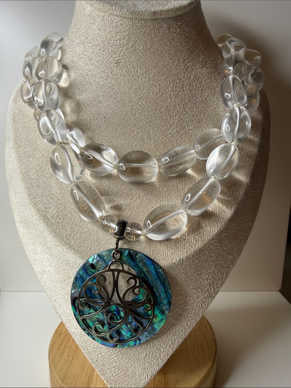 Sterling silver 925 artisan Clear Glass Bead Necklace Abalone Pendant runway